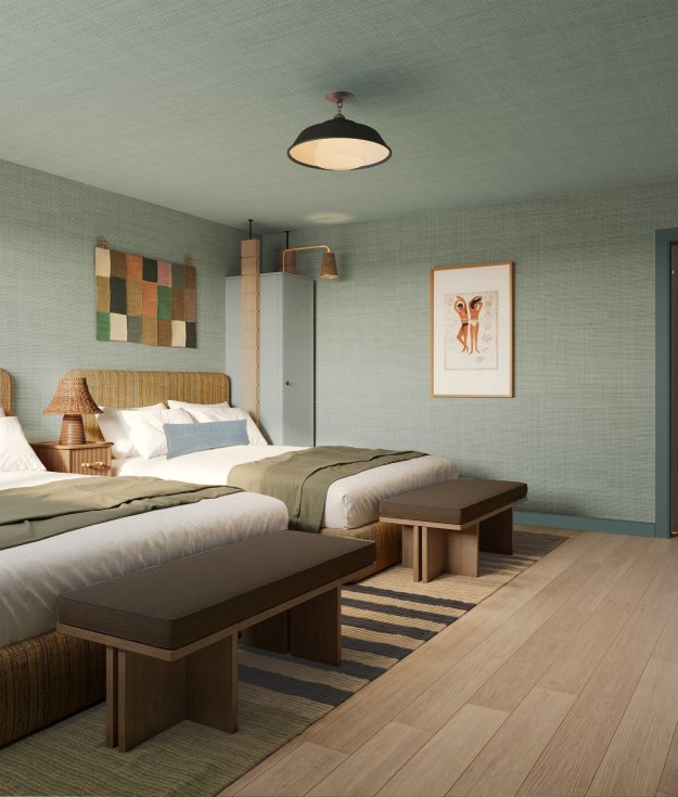 A rendering of a room at the upcoming Hotel Corduroy in Montauk.