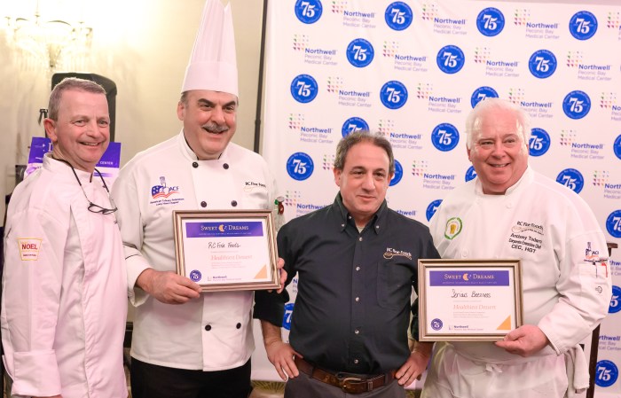 Northwell Health’s Executive Chef, Chris Singlemann with the winners of Healthiest Dessert, Anthony Todaro and Roland Ladonza of RC Foods & Serious Beezness