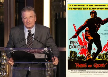 Alec Baldwin (Sean Zanni/PMC) and the Paths to Glory poster, Copyright 1957 United Artists Corporation - Scan via Heritage Auctions. Cropped from the original image. Public Domain