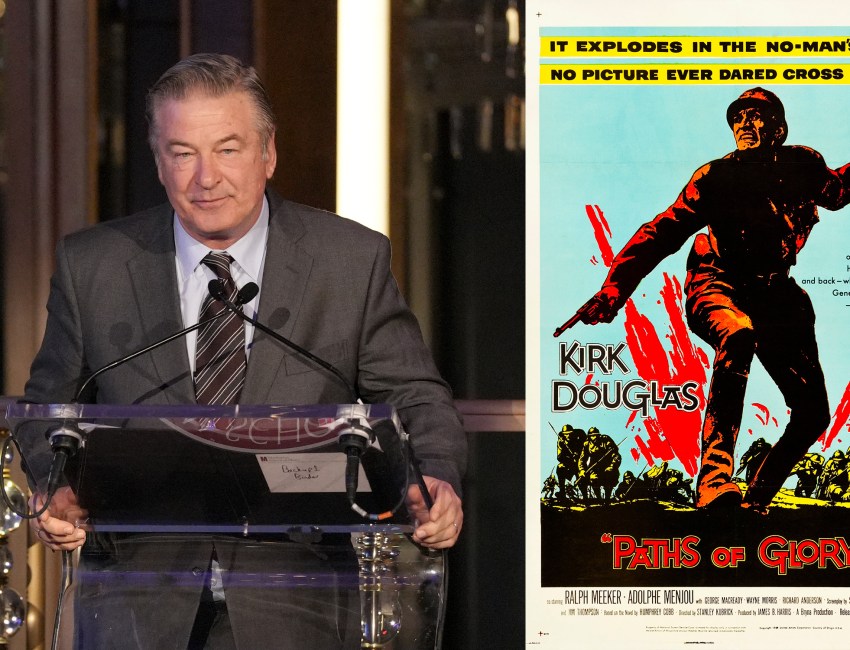 Alec Baldwin (Sean Zanni/PMC) and the Paths to Glory poster, Copyright 1957 United Artists Corporation - Scan via Heritage Auctions. Cropped from the original image. Public Domain