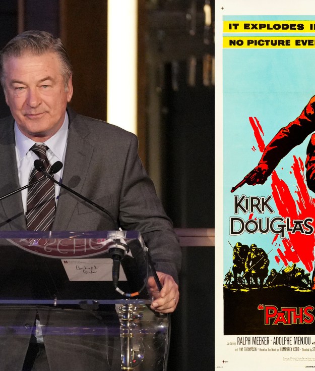 Alec Baldwin (Sean Zanni/PMC) and the Paths to Glory poster, Copyright 1957 United Artists Corporation - Scan via Heritage Auctions. Cropped from the original image. Public Domain