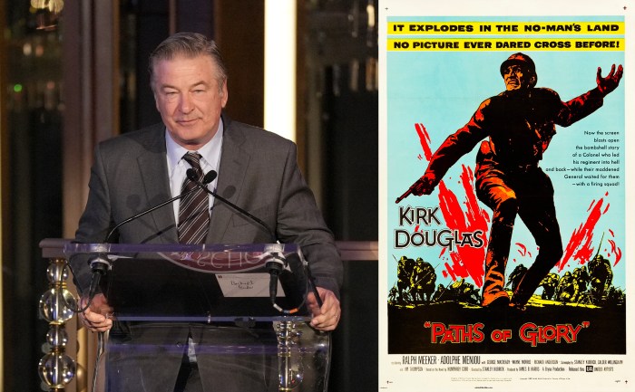 Alec Baldwin (Sean Zanni/PMC) and the Paths to Glory poster, Copyright 1957 United Artists Corporation - Scan via Heritage Auctions. Cropped from the original image. Public Domain