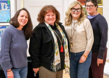 Claudia Dunn and Christina Strassfield, SAC Executive Director, with Sip and Paint Instructor Deborah Acquino and A.G. Duggan
