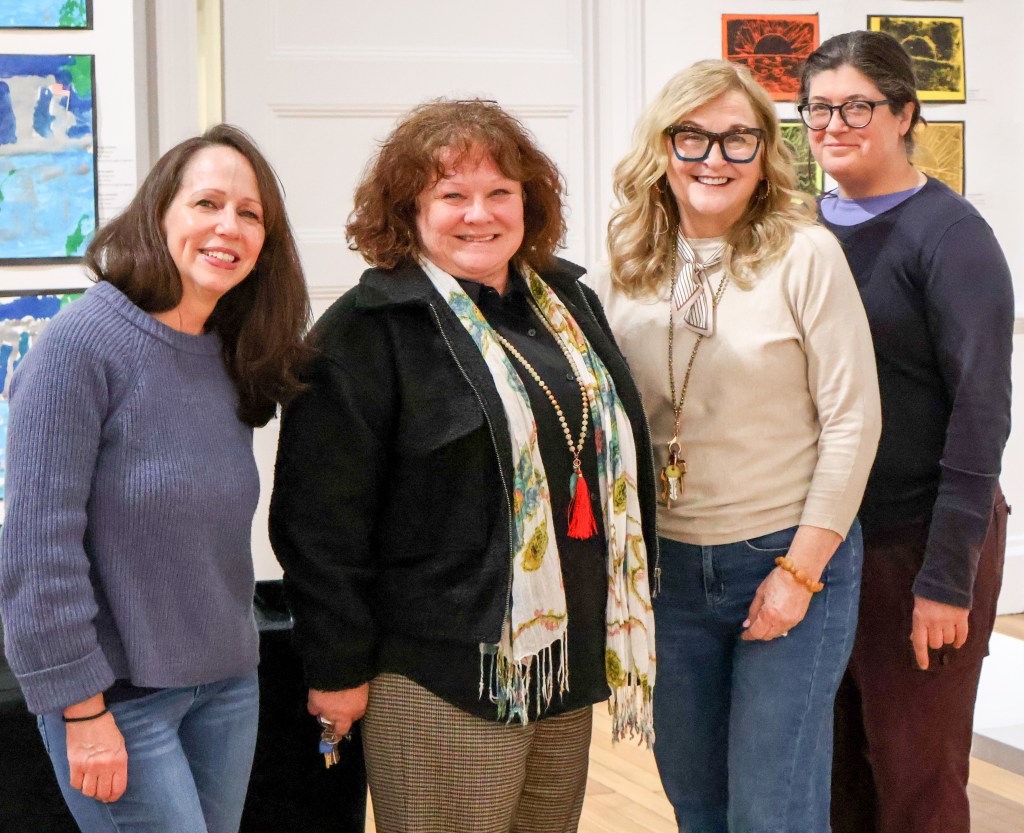 Claudia Dunn and Christina Strassfield, SAC Executive Director, with Sip and Paint Instructor Deborah Acquino and A.G. Duggan