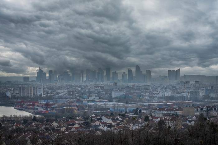 Argenteuil, France today - a panoramic view of the Seine river and La Defense towers district from the mound of Orgemont