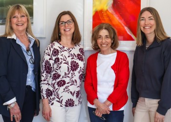 Owner William Ris Gallery Mary Cantone with Senior Outreach Manager Kathy Kennedy, Artist Sara Cedar Miller, Liz Gillooly of Peconic Land Trust