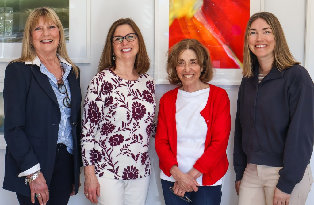 Owner William Ris Gallery Mary Cantone with Senior Outreach Manager Kathy Kennedy, Artist Sara Cedar Miller, Liz Gillooly of Peconic Land Trust