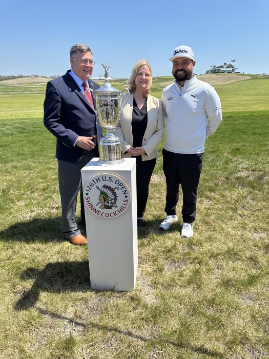 Suffolk County Executive Ed Romaine, Southampton Town Supervisor Maria Moore and last year’s U.S. Open Champion J.J. Spaun at Shinnecock.