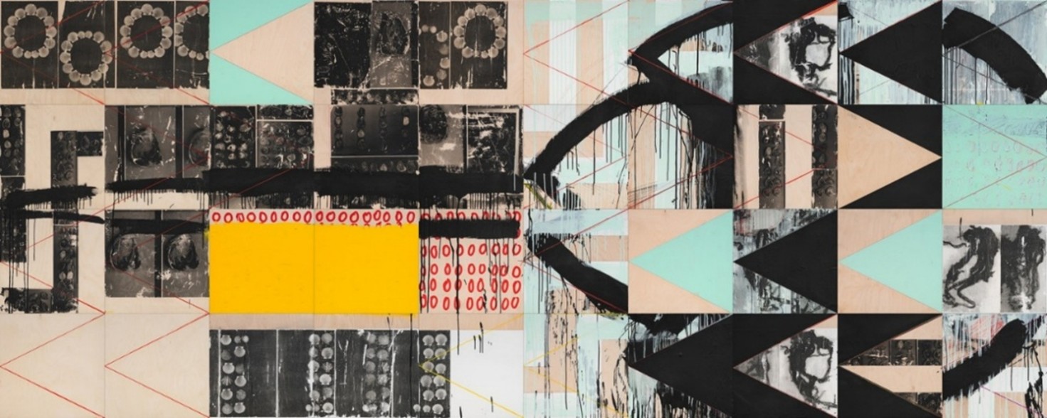 Sara Siestreem (Hanis Coos), sugar kelp, 2025. Acrylic, graphite, Xerox on panel boards. 80 x 200 inches (203.2 x 508 cm). Courtesy the artist and Cristin Tierney Gallery, New York. Part of "Regeneration: Long Island’s History of Ecological Art and Care" at the Parrish Art Museum