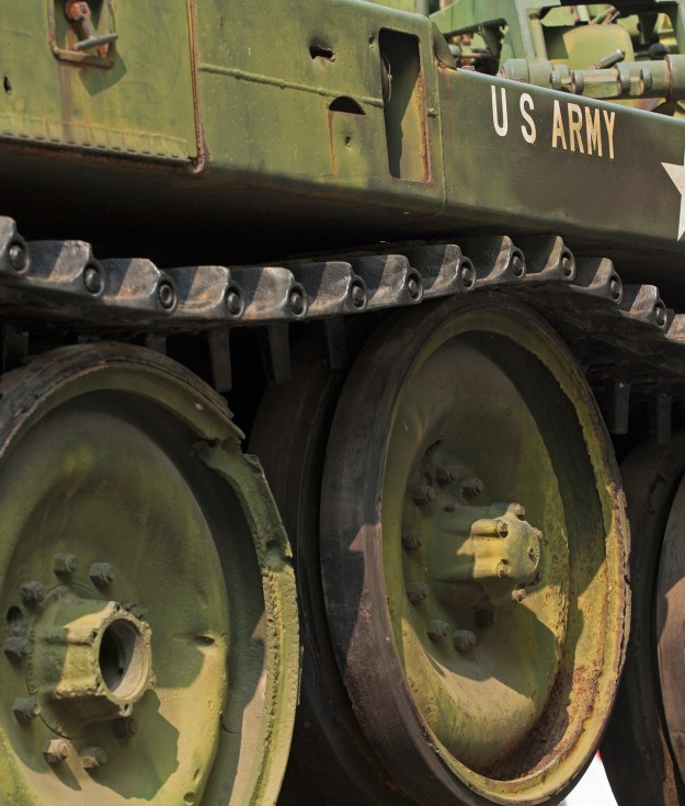 Tank close-up with text US Army on it.