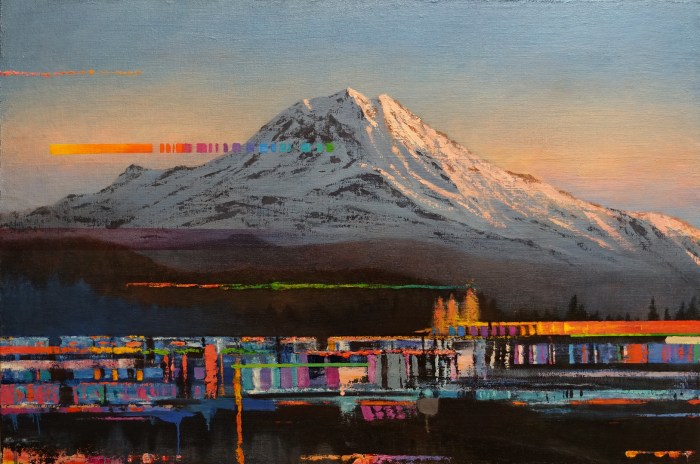 Adam Straus "Glitch: Mt. Rainier," 2023, oil on jute adhered to canvas, 48 x 72 x 2 in.