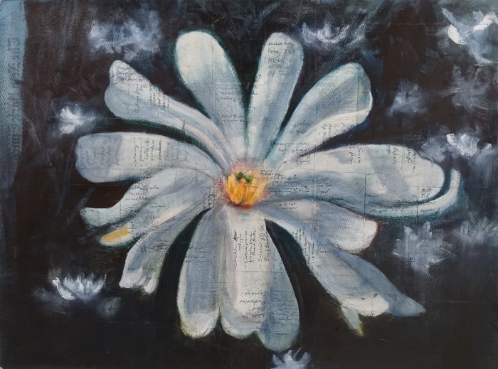 Adam Straus "Magnolia Blossom Miracle," 2021 oil on transferred newspaper and shopping lists adhered to paper, 22 x 30 in
